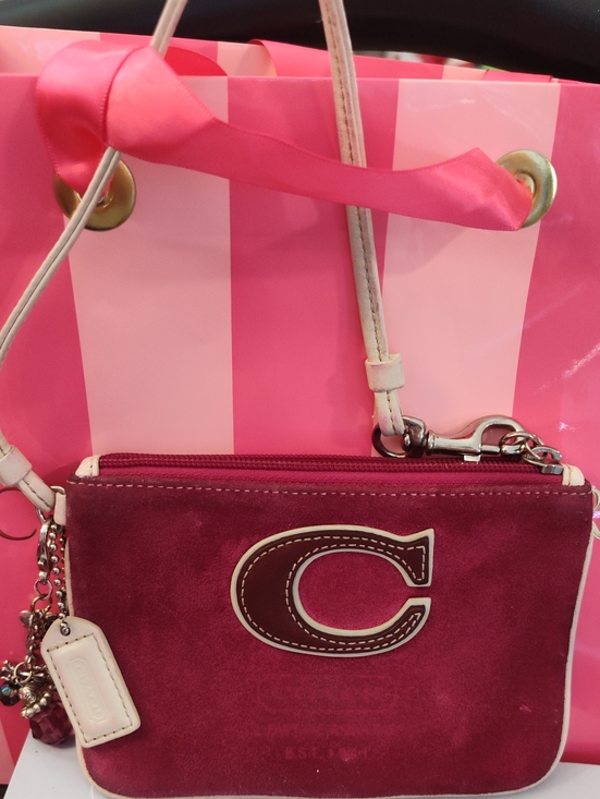 Coach Handbags - Coach Vintage Pink Suede Wristlet Y2K Varsity C Logo Bag Berry Leatherware 1941